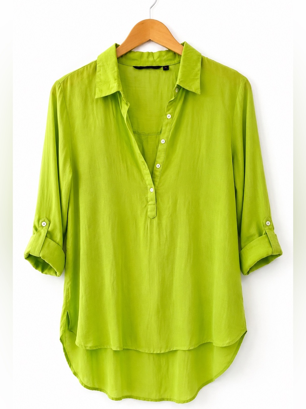 Srishti Lime Green Lightweight Tunic Blouse | Roll Tab Sleeve Resort Top